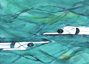 Two Girls Swim Dark Blue Hoziontal Mixed Media by Mary Conner