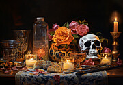 Vanitas Still Life With Skull and Bouquet of Flowers on a Table With Glasses and Candlelight Digital Art by Michel Cruz-Garcia