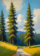 Winding dirt path between two fir trees - digital painting Digital Art by Nicko Prints