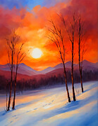 Winter landscape with leafless trees and a beautiful red sunset sky - digital painting Digital Art by Nicko Prints