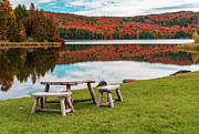 Wooden table and stools by Silver Lake Vermont Photograph by Steven Heap