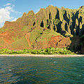Na Pali coastline taken from sunset cruise along Kauai shore #5 Photograph by Steven Heap