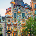 Spain, Catalonia, Barcelona, Casa Batllo Illuminated At Dusk , Architect Antoni Gaudi