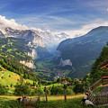Lauterbrunnen valley in the Swiss Alps viewed from the alpine village of Wengen