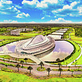 Aerial of the IST building of the Florida Polytechnic University in Lakeland, Florida - watercolor by Nicko Prints