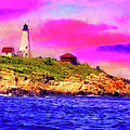 Bakers Island Light near Salem, Massachusetts, at sunset - ink and watercolor Digital Art by Nicko Prints