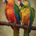 Parrot Painting, Colorful Parrots in the Branch Tree