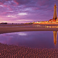 Blackpool Tower and beach at sunset, Lancashire, England