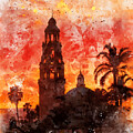 California Tower in Balboa Park, San Diego, at sunset - watercolor painting by Nicko Prints