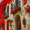 Charming Spanish Villa with Red Bougainvillea by Ted Clifton