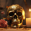 Day of the Dead Metallic Skull Sitting by Flowers and Lit by Candlelight Digital Art by Michel Cruz-Garcia