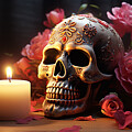 Dia de los Muertos Skull with Pink Flowers Sitting by Candlelight by Michel Cruz-Garcia