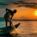 Fisherman with Net Sunset Vietnam