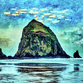 Haystack Rock with Monet's Water Lilies sky by Bruce Block