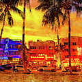 Ocean Drive with the palm trees and the art deco hotels in Miami Beach at sunset - watercolor ink Digital Art by Nicko Prints