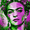 Portrait of Frida Kahlo with a crown of flowers in green and magenta hues - modern style by Nicko Prints