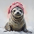 Seal with Pink Towel by Lucia Stewart