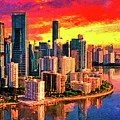 Skyline of Brickell and downtown Miami at sunrise - digital painting Digital Art by Nicko Prints