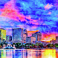 Skyline of downtown Orlando, Florida, seen at sunset from lake Eola - ink and watercolor Digital Art by Nicko Prints