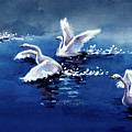 Four Swans Landing In Pond Painting by Wan Weisheng
