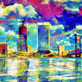 The waterfront of downtown Jacksonville, Florida - colorful painting Digital Art by Nicko Prints