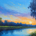 Trees on the banks of a river under a beautiful blue sunset sky - digital painting Digital Art by Nicko Prints