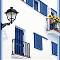 Vintage Sitges Spain Travel Poster - Mediterranean Town Wall Art Blue Shutters and Sunflowers